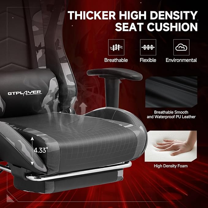 GTPLAYER Gaming ChairGamer Chair with Bluetooth and Adjustable BackrestSeat Height Adjustable Computer Chairs with 3D ArmrestsVideo Game Chair with Footrest Speakers (Camouflage)