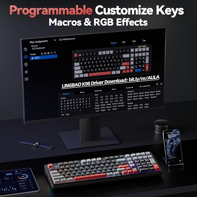 LINGBAO K98 Wireless Mechanical Gaming Keyboard Tri-Mode BT5.0/2.4GHz/USB-C Gasket Custom Hot-Swappable Linear Switches Creamy Keyboard with Number Pad RGB Backlit Gaming Keyboard for PC Laptop
