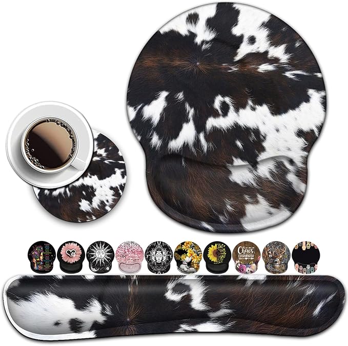 BROWN COW Ergonomic Mouse Pad and Keyboard Wrist Rest - Easy Typing Pain Relief Memory Foam Cute Cowhide Design
