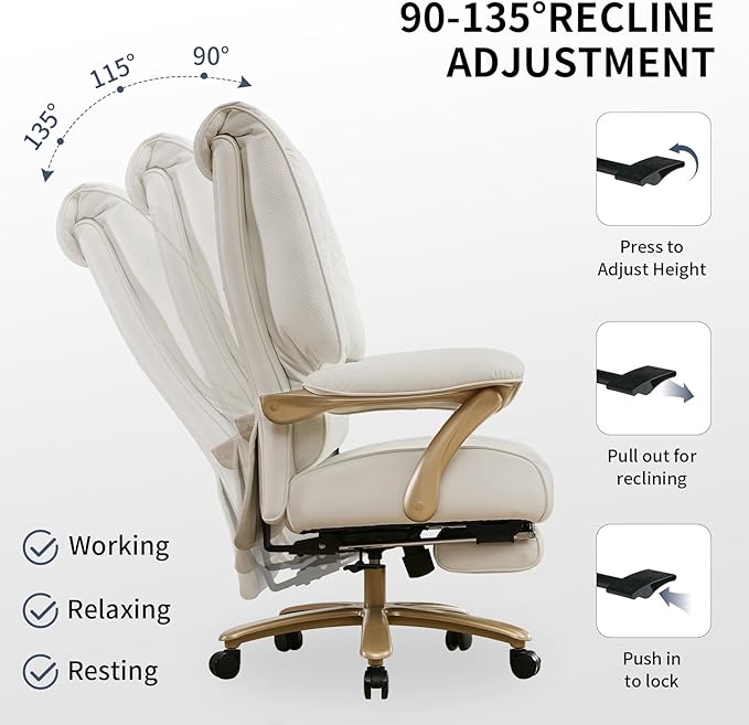 Big and Tall Executive Office Chair with Footrest 400LBS Capacity Ergonomic High-Back Desk Office Chair with Lumbar Support Padded Armrests &amp Thick Cushion White PU Leather Chairs