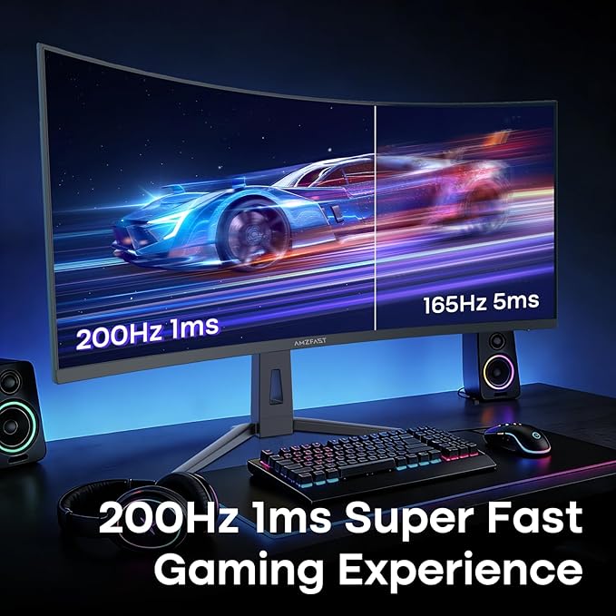 Amzfast 34 Inch UltraWide Curved Monitor 200Hz UWQHD 3440x1440 Gaming Monitor 1ms G-SYNC Compatible 1500R PIP/PBP 131% sRGB Tilt/Swivel/Height AdjustableTÜV Rheinland HDMI 2.1 x 2 &amp DP 1.4