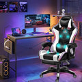 LED Gaming Chair with Speakers Massage Computer Chair Ergonomic Racing Office Chair PU Leather Recliner Swivel Gamer Chair with Lumbar Support Headrest Armrest and FootrestWhite