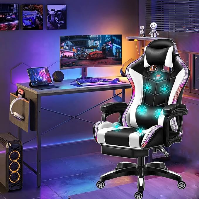 LED Gaming Chair with Speakers Massage Computer Chair Ergonomic Racing Office Chair PU Leather Recliner Swivel Gamer Chair with Lumbar Support Headrest Armrest and FootrestWhite
