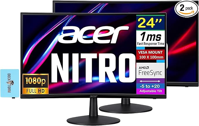 Acer 24 FHD Monitor with 1500R Curved 1ms Response Time AMD FreeSync Anti-Glare VESA Mount (100x100mm) Low Blue Light VGA HDMI &amp Dockztorm USB Port Expander Black Color 2 Pack