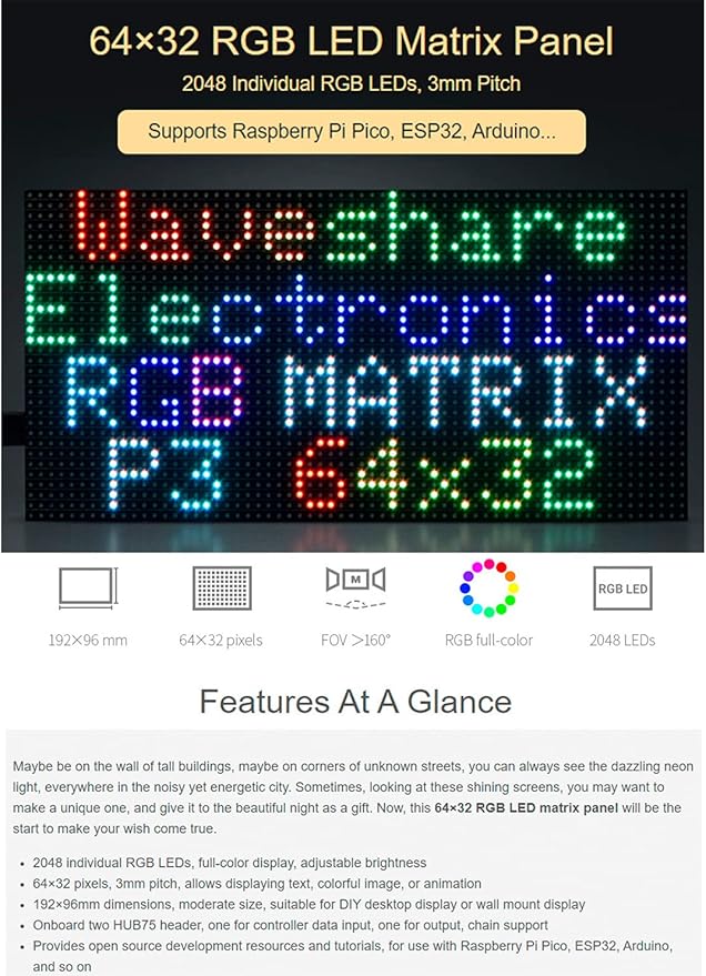 RGB LED Matrix Panel 64×32 2048 DOTS Pixels 3mm PitchCompatible with Arduino/Raspberry Pi Pico/ESP32Allow Displaying Text Colorful Image Animation Adjustable Brightness Chainable Design