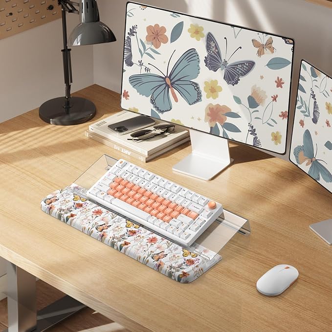 2 in 1 Acrylic Computer Keyboard Holder with Soft Wrist Rest Butterfly Keyboard Wrist Pad 3-Level Height Adjustment for Ergonomic Typing Wrist Rests for Office (White)