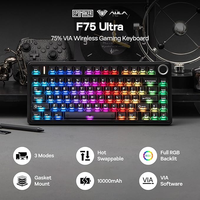 EPOMAKER x Aula F75 Ultra Wireless Gaming Keyboard with Knob 10000mAh Hot Swap RGB PBT Keycap Creamy Sound VIA 75% Mechanical Keyboard for Win/Mac (Black Reaper)