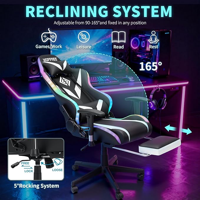 HOFFREE Gaming Chair with Bluetooth Speakers and Led Lights Massage Video Game Chair with Footrest Reclining High Back Computer Gamer Chair White and Black