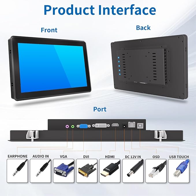 13.3 Inch Industrial Touch Screen Monitor 10 Points Touch Ratio 16:9 Capacitive PCAP Display 1920 x 1080R Active Matrix TFT LCD LED Backlight VGA DVI HD-MI Ports