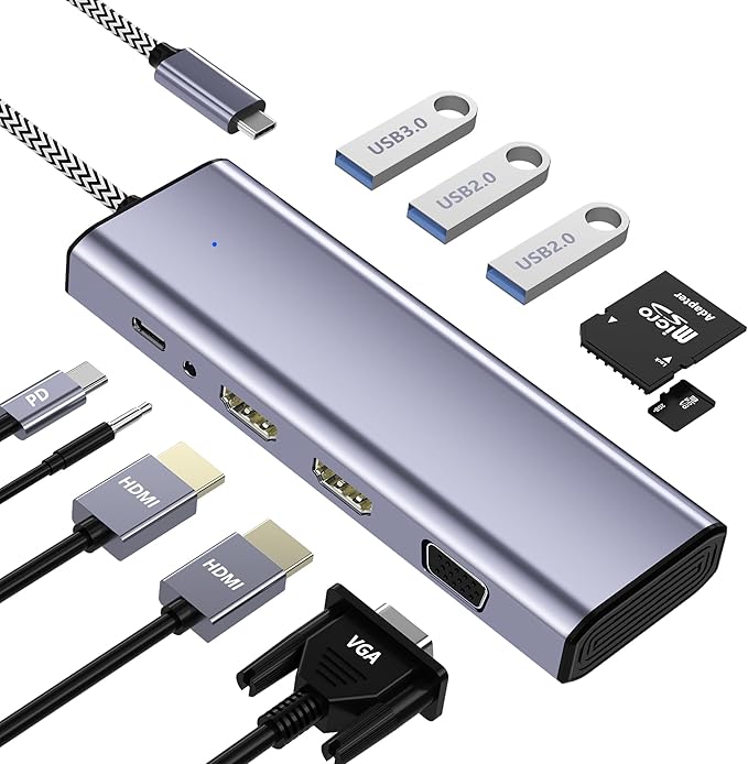 USB C Docking Station Dual Monitor USB C to Dual HDMI Adapter 10 in 1 Docking Station 3 Monitors with HDMI/VGA/PD/USB/SD/TF/3.5mm Audio Compatible with Dell HP Lenovo