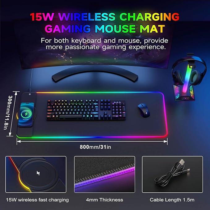 Charging RGB Gaming Mouse Pad - Wireless 15W Mousepad LED Extra Large Mouse Mat 80 * 30cm 10 Light Modes Gaming Room Accessories Computer Keyboard Mat Fast Charging Desk Mat for Gaming Black