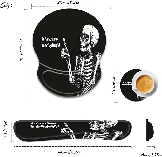 Ergonomic Gel Mouse Wrist Rest Pad and Keyboard Pad SetAnti-Slip PU Bottom Easy Typing and Relieve Wrist Pain with Cute Coaster Set (3-Black Background Skull Skeleton)