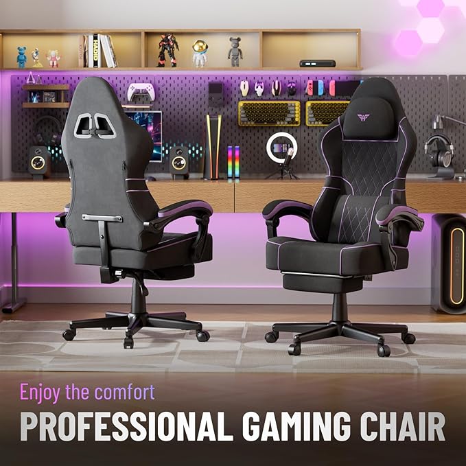 Ferghana Velvet Fabric Ergonomic Gaming Chair with Footrest and Linkage Armrest High Back Computer Game Chair with Massage Lumbar Support for Adult(Black/Purple)