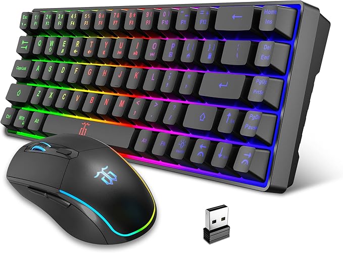 Snpurdiri 60% Wireless Gaming Keyboard and Mouse ComboLED Backlit Rechargeable 2000mAh BatterySmall Membrane But Mechanical Feel Keyboard + Popular RGB Mice for GamingBusiness Office