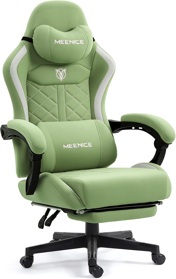 Big and Tall Gaming Chair Fabric with Pocket Spring Cushion High Back Heavy Duty Gaming Chairs for Adults with Massage Lumbar Ergonomic Computer Chair with Footrest 400LBS Fabric Green