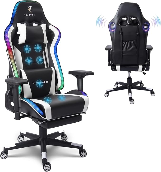 Computer Gaming Chair with RGB Lights Video Gaming Chair with SpeakersErgonomic Gaming Chair with Footrest Adjustable Height Office Desk Chair with Wheels Breathable LeatherWhite