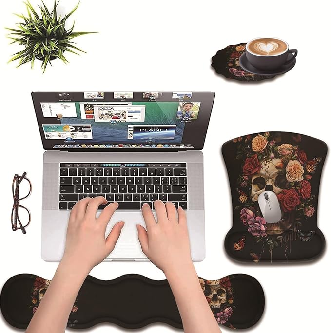 3 in 1 Keyboard Wrist Rest + Mouse Pad and Coaster Ergonomic Gel Mouse Pad and Keyboard Pad Set Comfortable Lightweight for Easy Typing Pain Relie Butterflies Roses and Skull