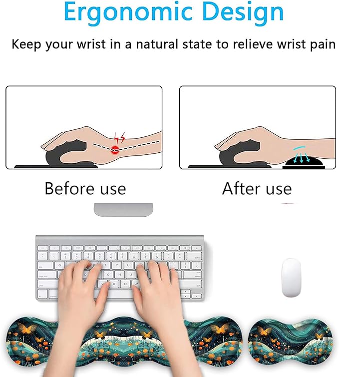 Keyboard Wrist Rest SetMemory Foam Wrist Support Mouse Pad31.5x11.8 Desk Mat for Comfortable Typing &amp Pain ReliefNon-Slip Base for Office &amp Home Use - Flower and Butterfly