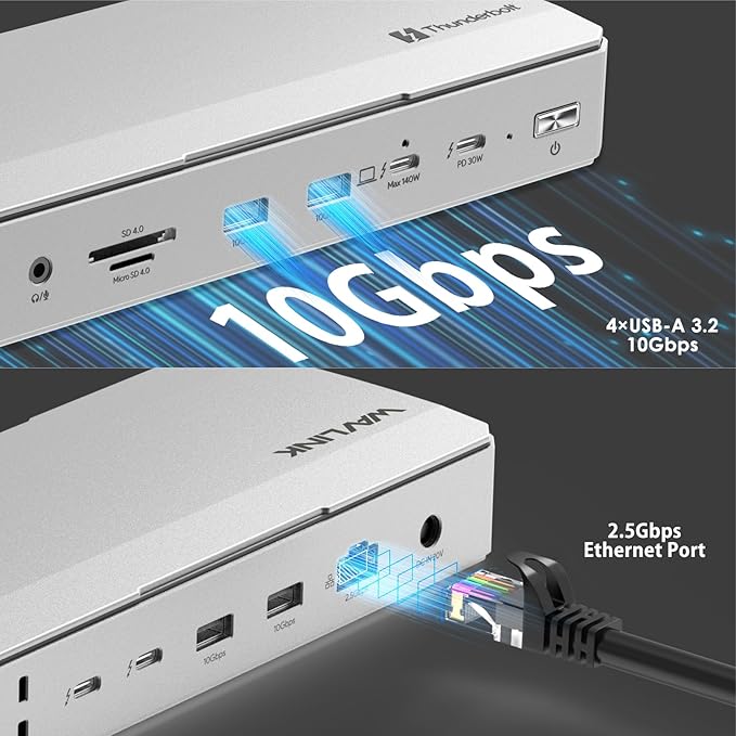 WAVLINK Intel Certified Thunderbolt 5 Docking Station: TB5 Dock with 120Gbps Max Transfer Thunderbolt 5 hub with 140W Max Charging 4X USB-A 3.2 Gen 2 Cooling System 8K Display for TBT 5/4 Laptops