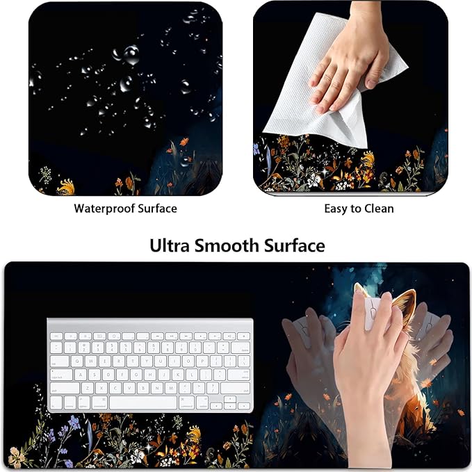 Large Mouse Pad with Mouse Wrist Rest 31.5x11.8 in Extended Mouse Mat with Non-Slip PU Base Ergonomic Memory Foam Wrist Rest for Work &amp Gaming Writing Pad Cute Red Fox Animal Office Desk Pad