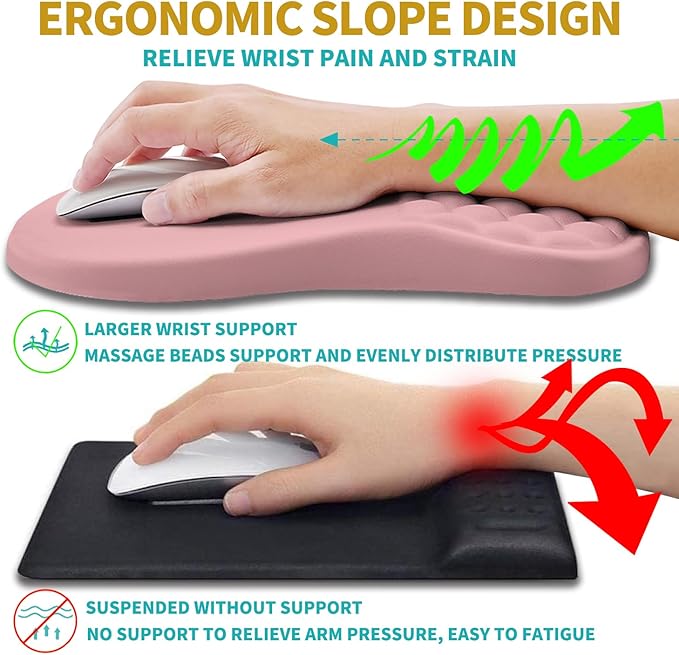 Hokafenle 2 in 1 Ergonomic Mouse Pad Wrist Support &amp Wrist Rest for Computer Keyboard Set with Relieve Carpal Tunnel Pain Massage Bulge and Full Memory Gel Design (2In1 Set Pink)