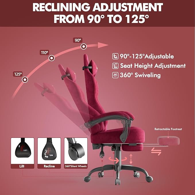 Soontrans Red Velvet Fabric Gaming Chairs with Footrest Ergonomic Comfortable Video Gamer Chair Reclining Office Computer Desk Game Chairs with Massage Lumbar CushionHeadrest for Adult