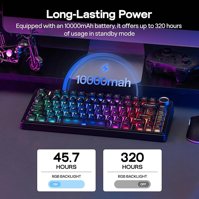 EPOMAKER x Aula F75 Ultra Wireless Gaming Keyboard with Knob 10000mAh Hot Swap RGB PBT Keycap Creamy Sound VIA 75% Mechanical Keyboard for Win/Mac (Black Reaper)
