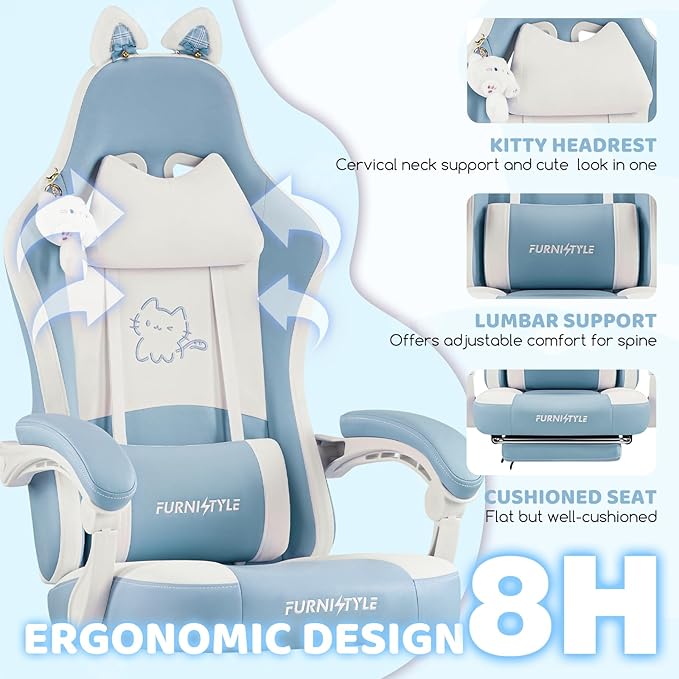 Gaming Chairs Comfy Video Game Chair for Adults with Cat Ears Pocket Spring Cushion Massage Lumbar Support &amp Headrest Ringing Accessories Cute Leather Ergonomic Computer Chair for Girls Blue/Wh