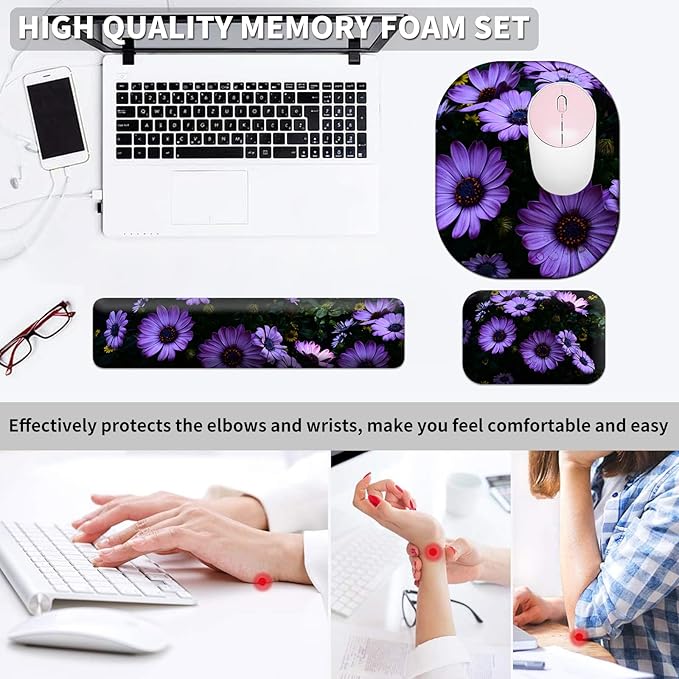 Keyboard Wrist Rest and Mouse Pad Set Keyboard Wrist Support + Small Mouse Pad + Elbow Arm Rest Pad + Coaster Ergonomic Memory Foam Wrist Rest for Computer Keyboard Purple Daisy Flowers