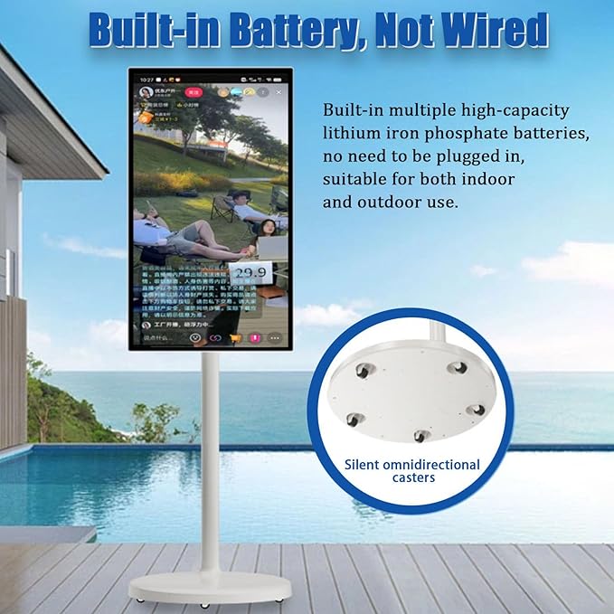 24 Inch Portable Smart Screen on Wheels Wireless Touch Monitor Android 12 Full-Motion Mount 1080P Touch Screen for Streaming Work and Multi-Purpose Use 6+128GB
