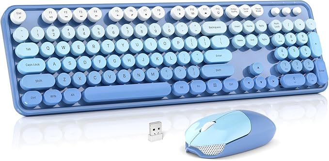 Wireless Keyboard and Mouse Combo MOWUX Full Size Typewriter Retro Round Computer Keyboard Cute Optical Mouse Wireless Plug and Play for Laptop PC Computer-Blue Gradient