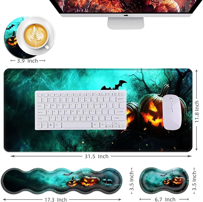 Mouse PadLarge Desk Mat Set 4in1 XL Mousepad + Keyboard Wrist Rest+Mouse Wrist Rest+Coaster with Ergonomic Desk Pad for Home Office Table Computer Cover -Halloween Pumpkins and Bat