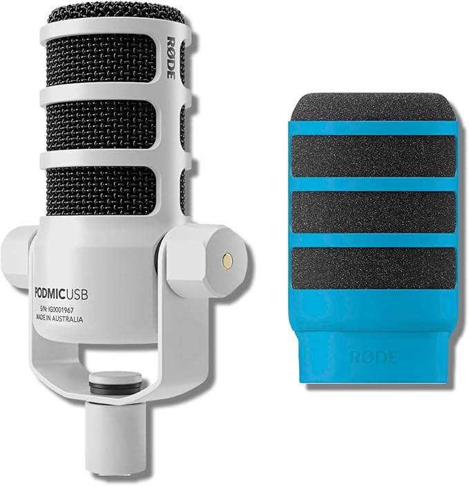 Rode PodMic USB Dynamic Broadcast Microphone (White) with Rode WS14 Pop Filter for PodMic (Blue)