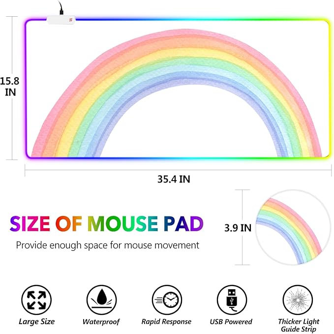 AIMSA RGB Gaming Mouse Pad Large Keyboard Mousepad Led Extended 35.4 x 15.8 inch Non-Slip Rubber Base with 14 Lighting Modes Big Desk Mat Waterproof White Rainbow