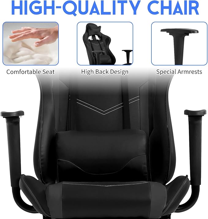 Gaming Chair with Footrest Reclining Video Game Chairs for Adults with Lumbar Support Headrest High-Back Home Office Computer Desk Chair PU Black-Grey