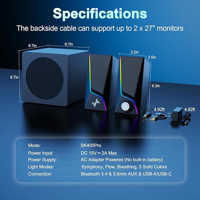 Nylavee Computer Speakers with Subwoofer 2.1 PC Speakers System with 8 Lighting Modes 60W Peak Power AC Adapter Powered Bluetooth 5.4 USB/USB-C and 3.5mm Aux in for Desktop Monitor Gaming