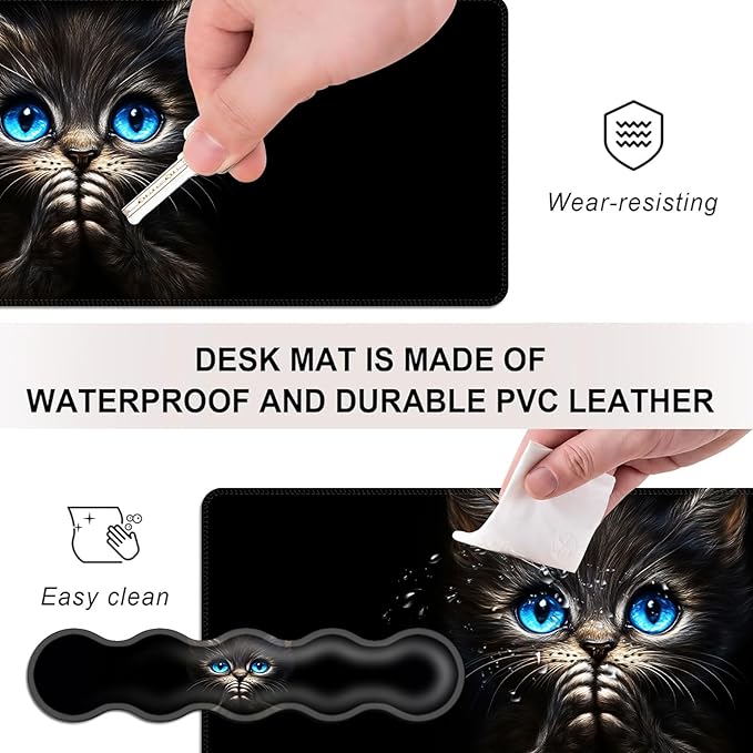 Mouse PadLarge Desk Mat Set 4in1 XL Mousepad + Keyboard Wrist Rest+Mouse Wrist Rest+Coaster with Ergonomic Desk Pad for Home Office Table Computer Cover -Kitten with Bright Blue Eyes