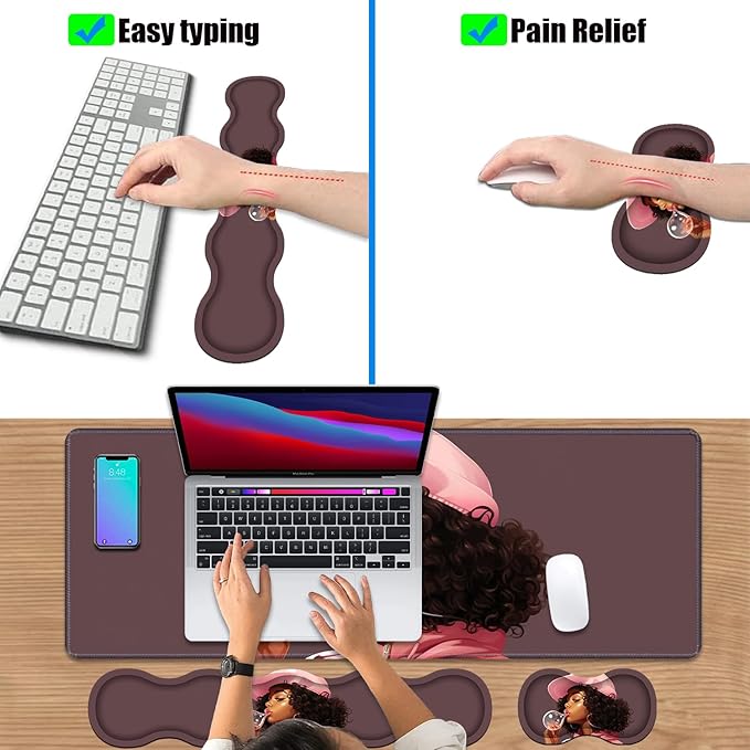 4 in 1 Ergonomic Keyboard Wrist Rest &amp Mouse Pad Wrist Rest Set Large XXL Gaming Desk Mat 31.5x 11.8 with Non-Slip Base Memory Foam for Home Office Study Gaming African American Black Girl