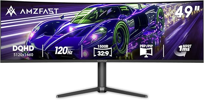 Amzfast 49 Inch Curved Monitor 120Hz DQHD 5120x1440p Ultrawide Gaming Monitor 120% sRGB 1500R 1ms MPRT HDR Adaptive Sync PIP/PBP Height Adjustable HDMI 2.0/DP 1.4 VESA 75x75 AMZG49C7U