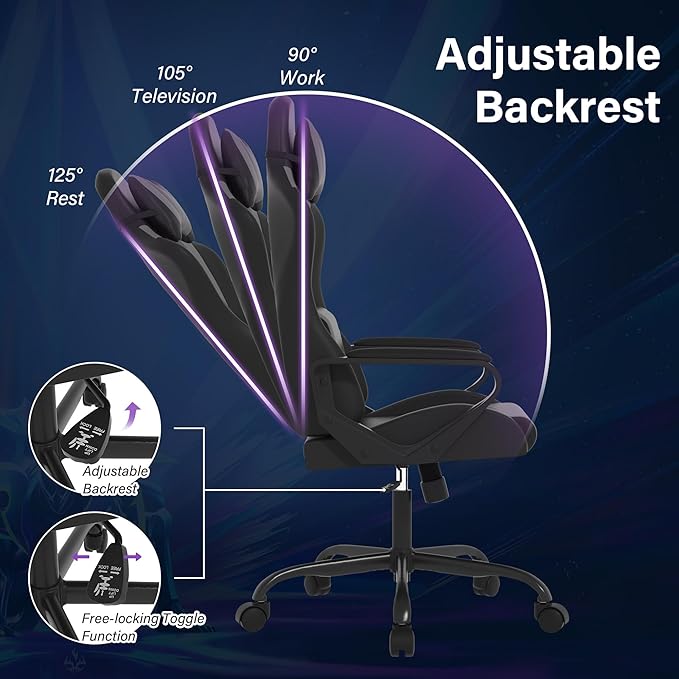 Gaming ChairSwivel Rolling Gaming Chair for AdultsErgonomic PC Gaming Chair GreyHeight Adjustable Computer ChairPU Leather Computer Chair with Headrest and Lumbar Support