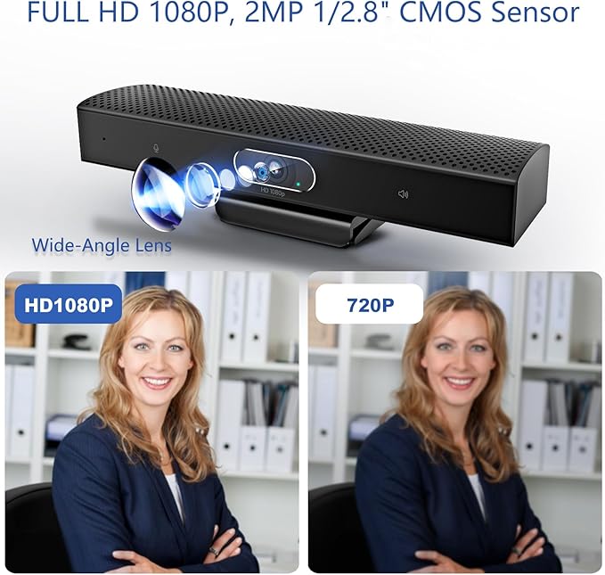 Conference Room Camera 3-in-1 1080p Full HD Webcam with Microphone and Speaker USB Plug and Play Wide Angle Video Conference Camera for Desktop Laptop Mac PC (Black)