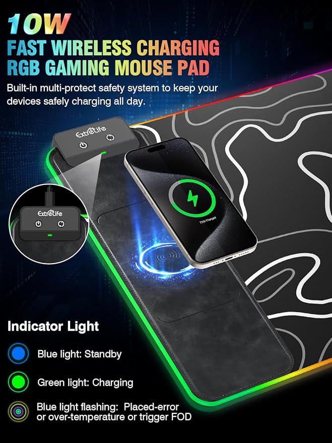 Wireless Charging RGB Gaming Mouse Pad 31.5x15.7 XXL Large Desk Mat Desk Pad for Gamer 9 Light Modes Non-Slip Rubber Base Waterproof Computer Keyboard Mat Black