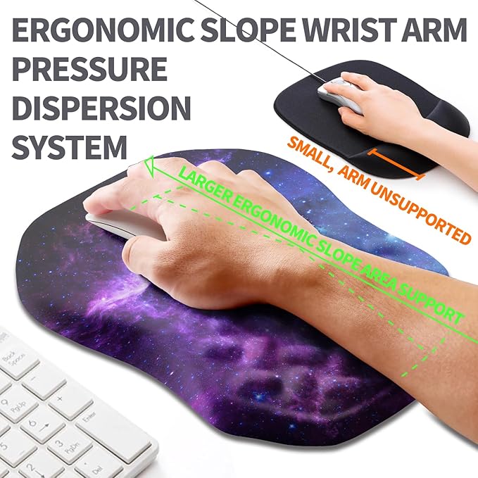 Ergonomic Slope Mouse Pad Wrist Support Wrist Rest Mousepad for Carpal Tunnel Pain Relief with Massage Bulge and Slow Rebound Memory Foam (12x8 inch Galaxy)