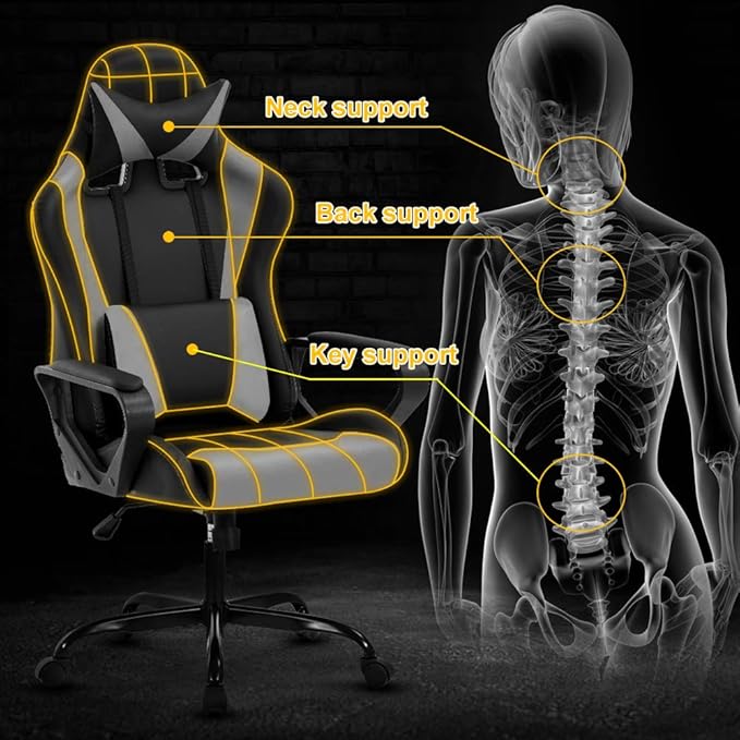 Modern Gaming Chair Ergonomic High Back PU Leather Office Chair with Lumbar Support Grey