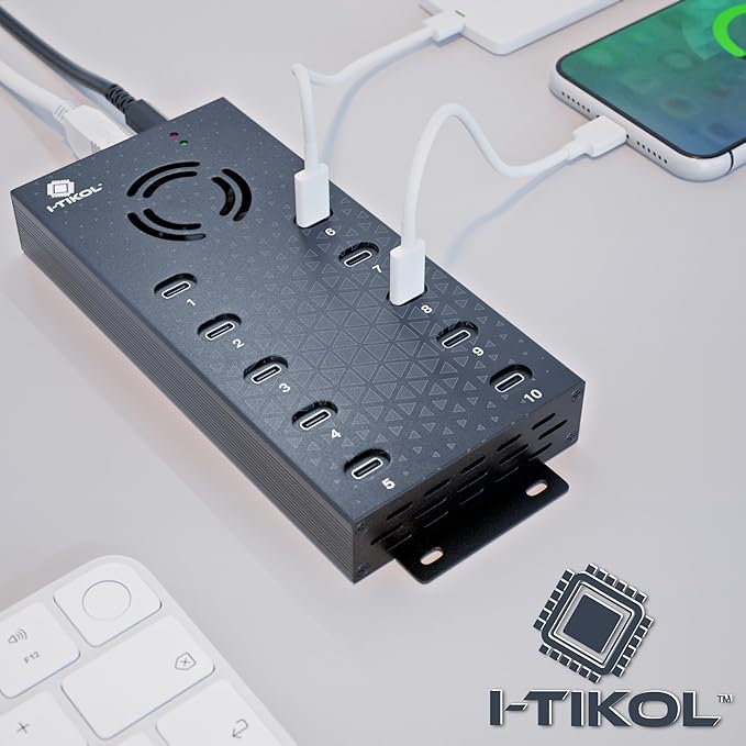 USB 2.0 Hub Type-C Multi Safety 10 Ports Powered with AC Adapter Aluminum USB Splitter with Cooling Fan - Type C for Laptops &amp PC PCFlash Drives HDD Hard Drive Mouse XPS Xbox Keyboard