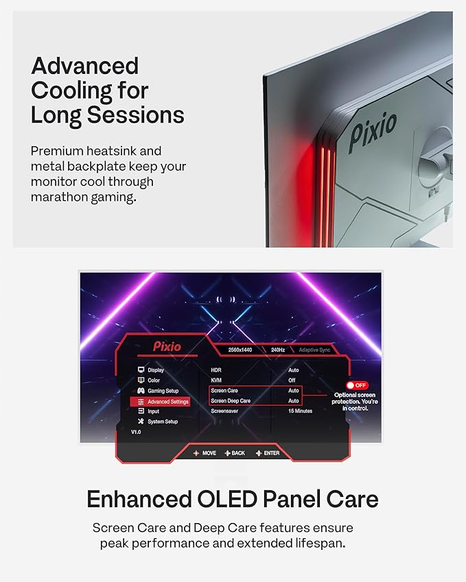 Pixio PX277 OLED Max V2 White 27 inch 240Hz Refresh Rate QHD Wide 1440p Resolution WOLED Display 0.03ms GTG Response Time Adaptive Sync KVM Switch Gaming Monitor