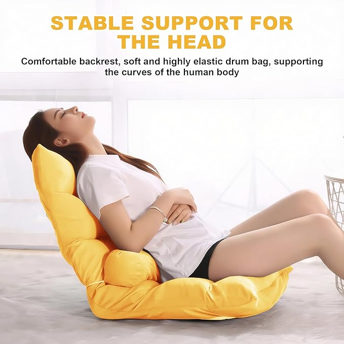 Folding Floor Chair 5-Position Cushioned Adjustable Lazy Sofa Foldable Floor Lounger for Adults Kids Gaming Reading Meditating (Yellow)