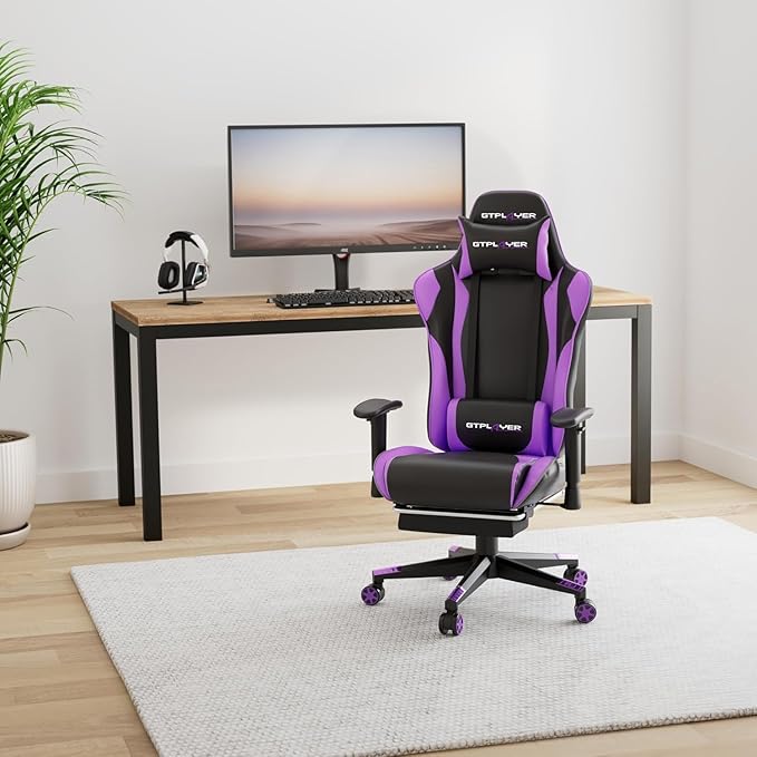 GTPLAYER Gaming Chair with Footrest Ergonomic Computer Game Desk Chair Reclining Game Chair Seat Height Adjustment Swivel Rocker with Headrest and Lumbar (Purple)