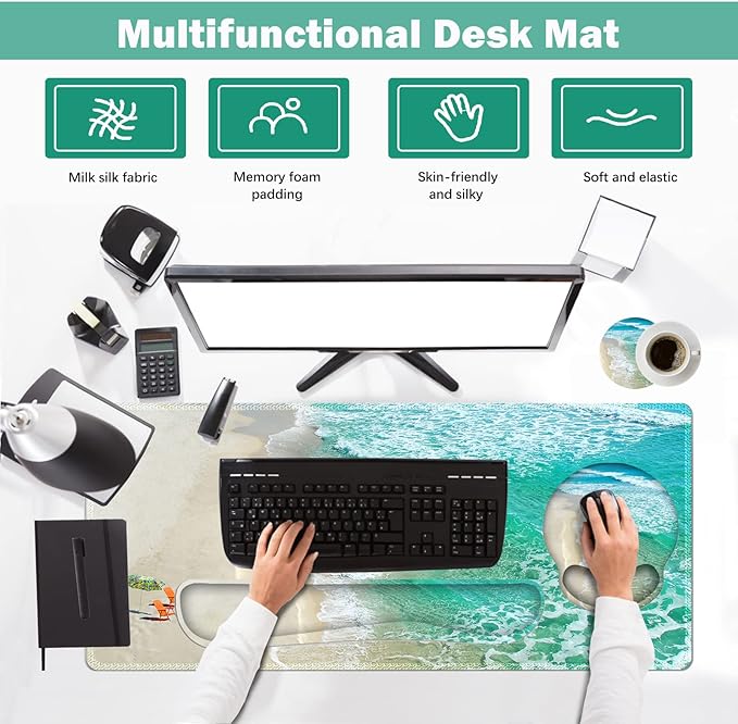 ARTSO Large Mouse Pad Ergonomic Keyboard Wrist Rest Support Combo Non-Slip Memory Foam Gel Extended Desk Mat Protector Ocean Beach Sunbathing