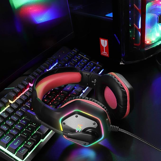 EKSA E1000 Gaming Headset Computer Headphones with Noise Canceling Mic &amp RGB Light 7.1 Surround Sound Compatible with PC PS4 PS5 Console Laptop (Red)